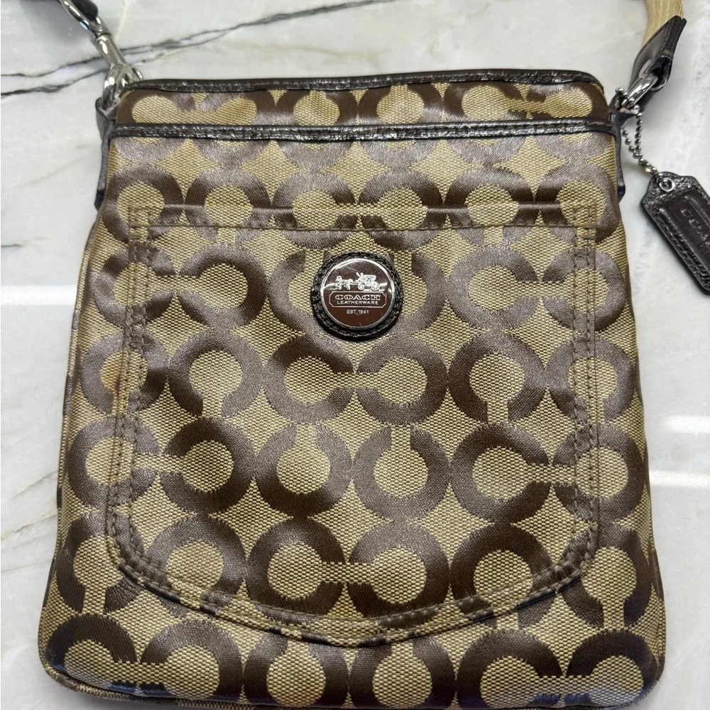 Coach Signature Brown and Tan Crossbody Bag - Picture 1 of 8